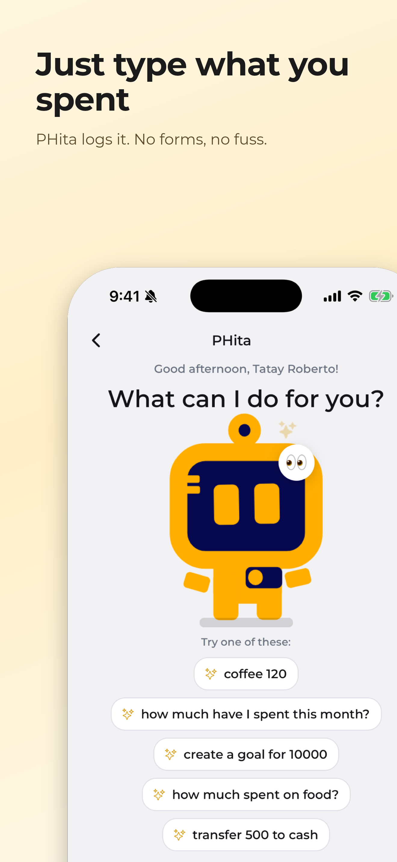 Just type what you spent — PHita logs it without forms